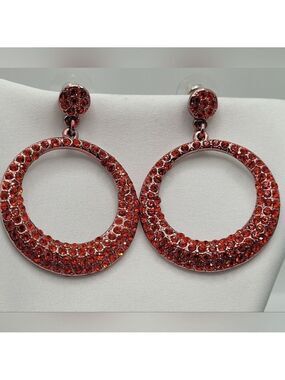 ✨2/$10✨ Red Stones Crystals Large Round Circle Earrings Dangle Silver-tone